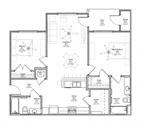 Floor plan for 2 beds, 2 baths, 1009 sqft